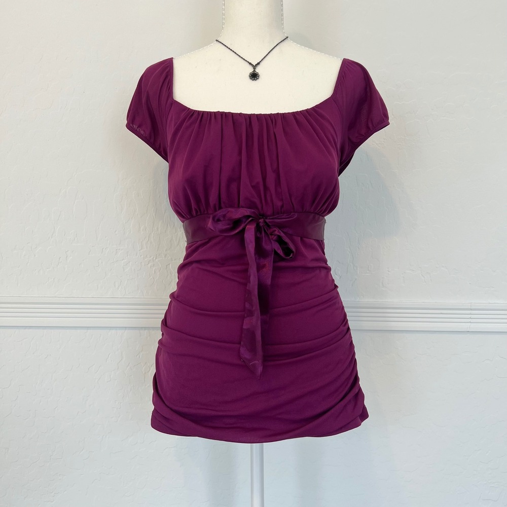 vintage purple mesh babydoll short sleeve top with bow